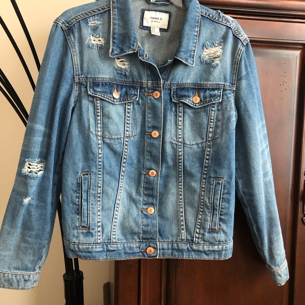 Forever 21 Light Blue Ripped Jean Jacket
